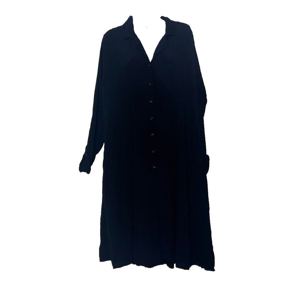 Flax Jeanne Engelhart Size Large Midi Button Front Shirt Dress Black Lagenlook - Picture 2 of 12